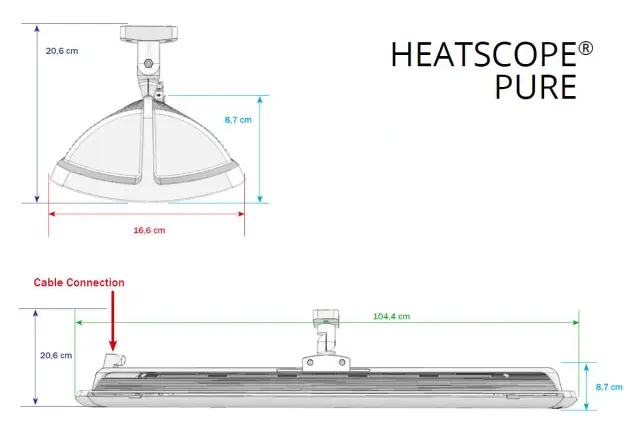 Schéma technique avec les dimensions du radiateur infrarouge Pure Heatscope (104,4 cm de long)