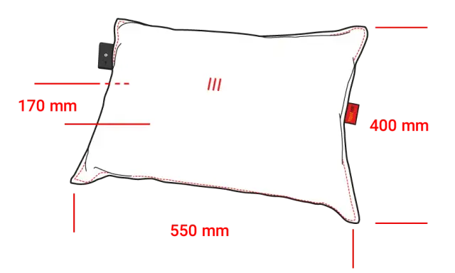 Dimensions du coussin chauffant heatme HOME : 55 x 40 x 17 cm, 2,5 kg