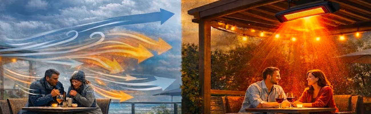 Comparaison visuelle entre un chauffage extérieur inefficace face au vent et le confort d'un chauffage infrarouge radiant sur une terrasse.