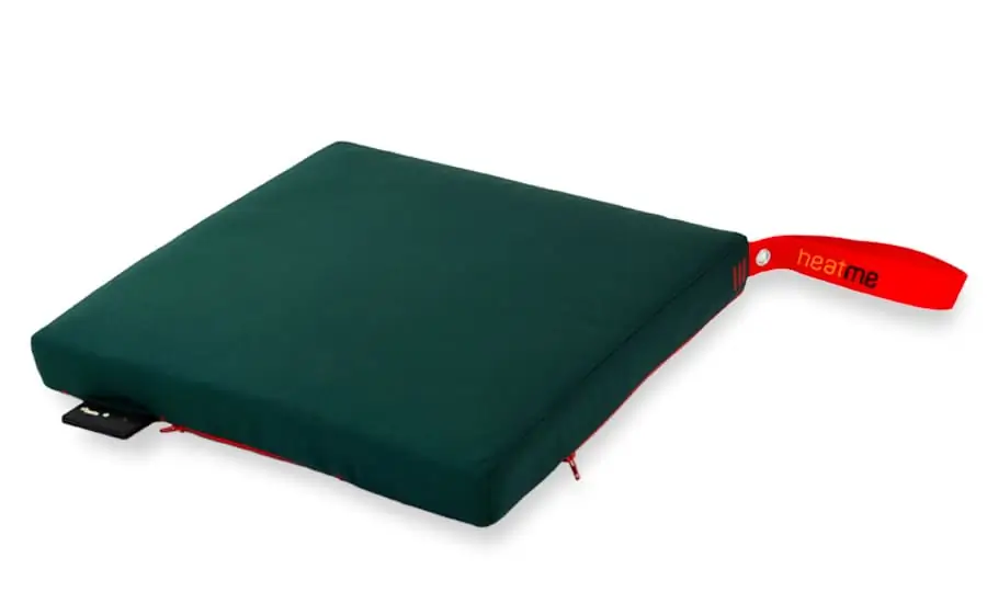 Coussin chauffant sans fil heatme CLASSIC 40×40 – Vert foncé Photo du Coussin chauffant sur batterie pour terrasse extérieure