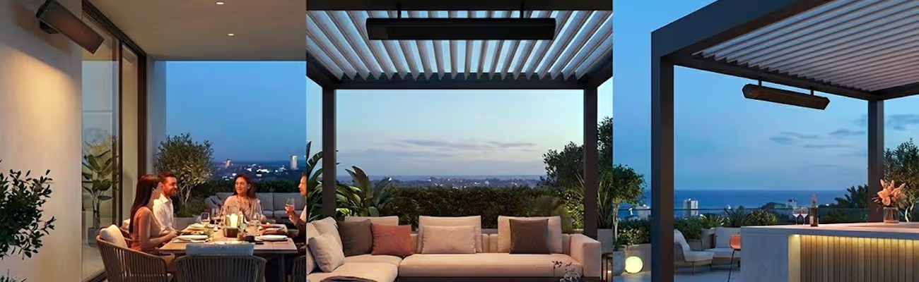 Chauffage infrarouge haut de gamme au design épuré intégré dans une architecture de terrasse moderne.