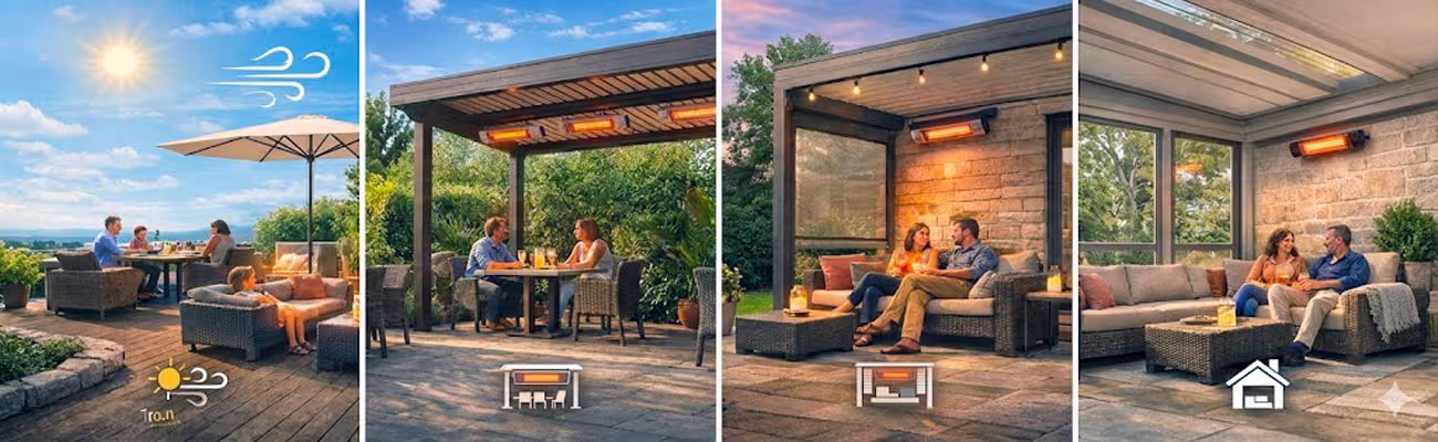Comparatif de chauffages extérieurs infrarouges pour terrasse ouverte, pergola et véranda avec vue sur jardin.