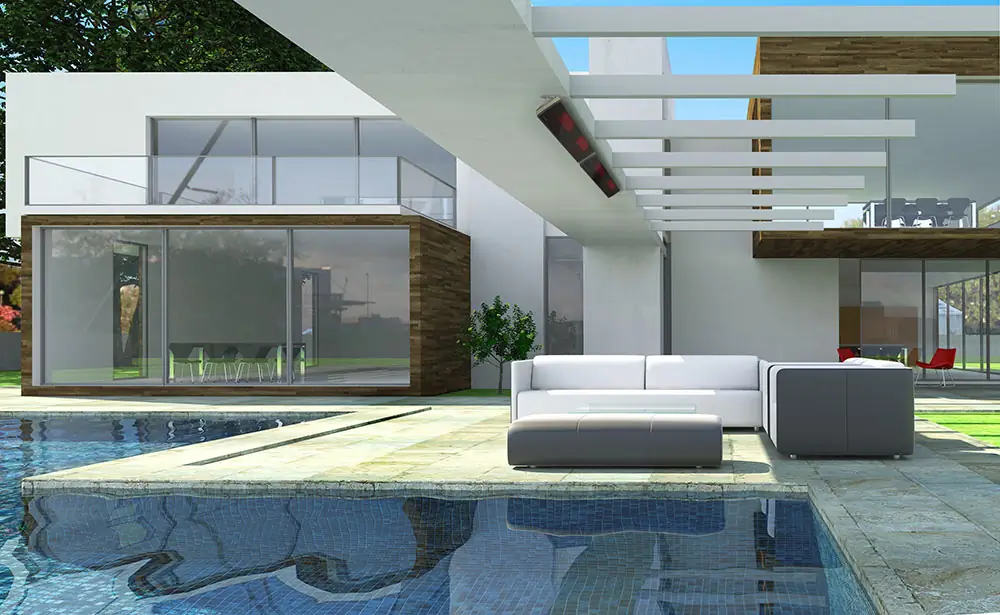 Chauffage Heatscope Vision 1600W blanc en action sur terrasse cosy Chauffage Heatscope Vision 1600W blanc en action sur terrasse cosy