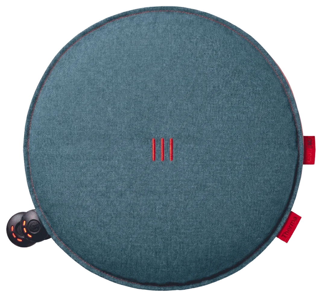 Coussin chauffant Heatme SMART rond Ø40 – Bleu océan Photo du Coussin chauffant Heatme SMART pour terrasse extérieure